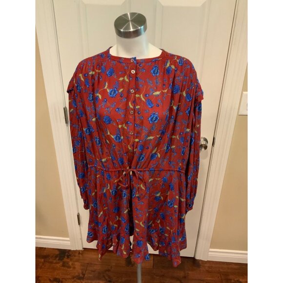 Free People Red & Blue Floral Long Sleeve Mini Dress, Size XS - Picture 1 of 6